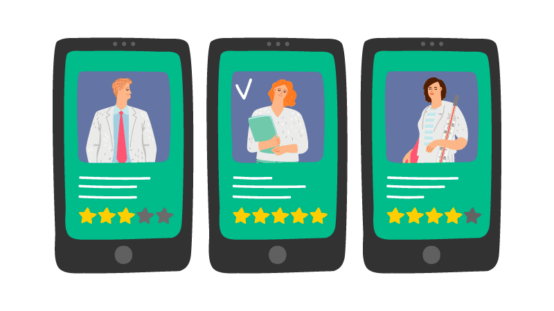 An illustration of three mobile phones showing 1-5 stars in reviews for healthcare practices and doctors.